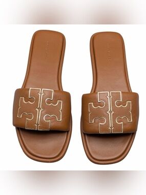TORY BURCH Tan Leather Double
T Sport Slide Sandals Womens Size 9